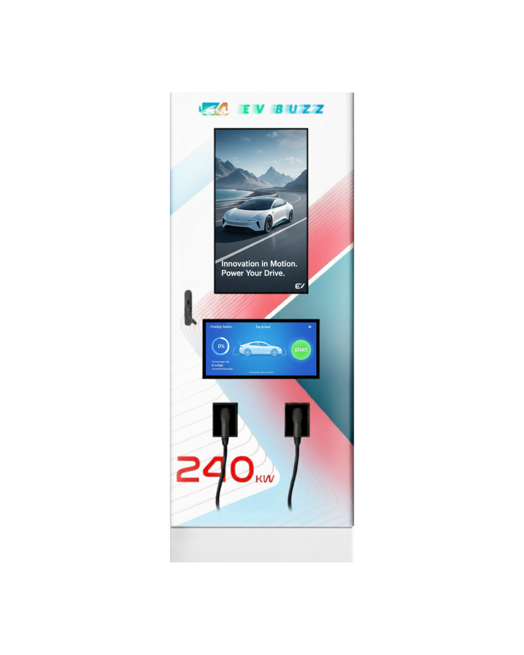 EV Buzz 240 kW DC fast charger with advertising screen and tap-to-start display