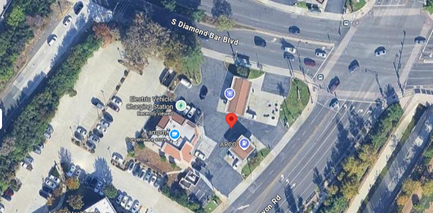 Map of the AMPM at S Diamond Bar Blvd showing the EV charging location