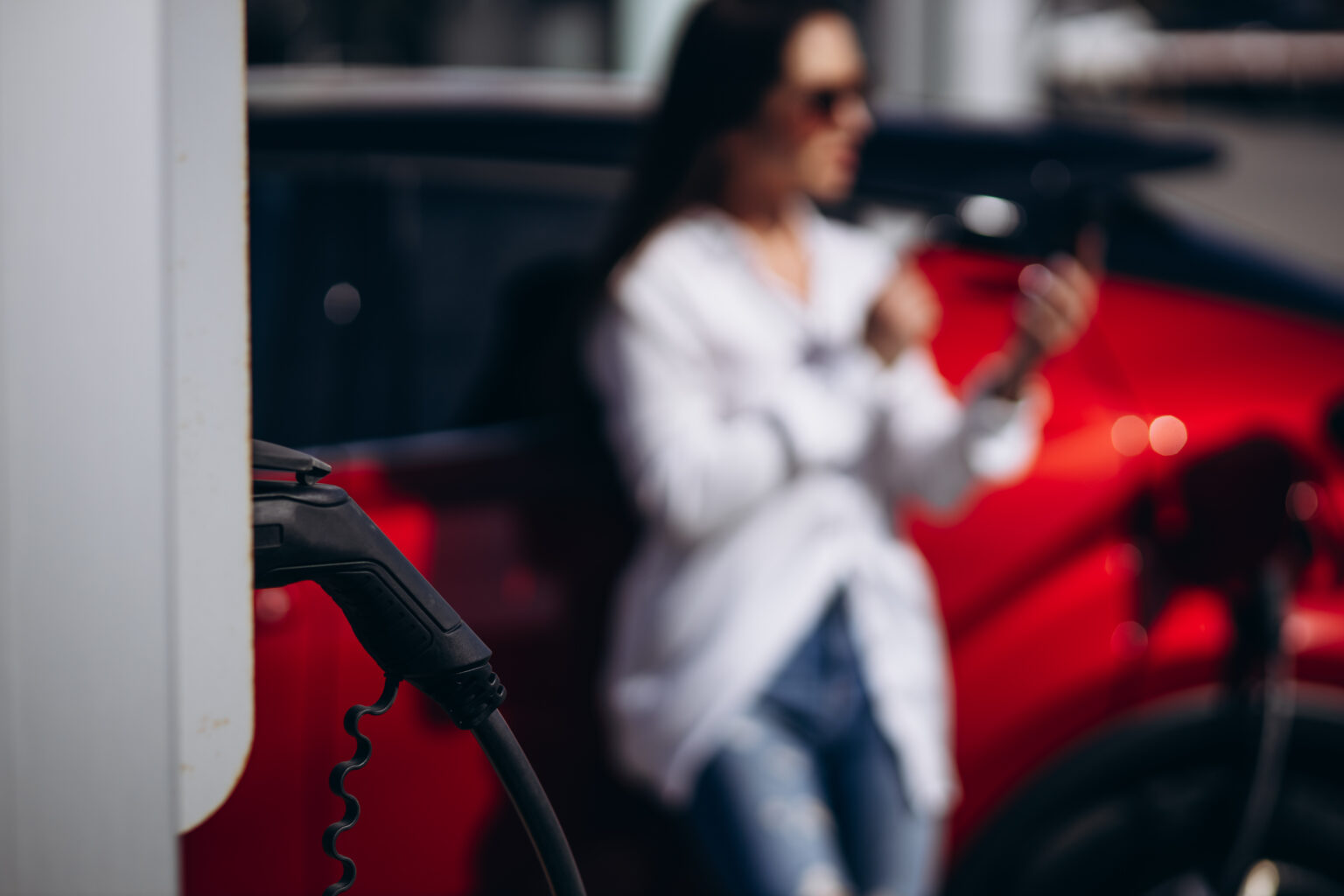 Driver charging an electric vehicle at a station